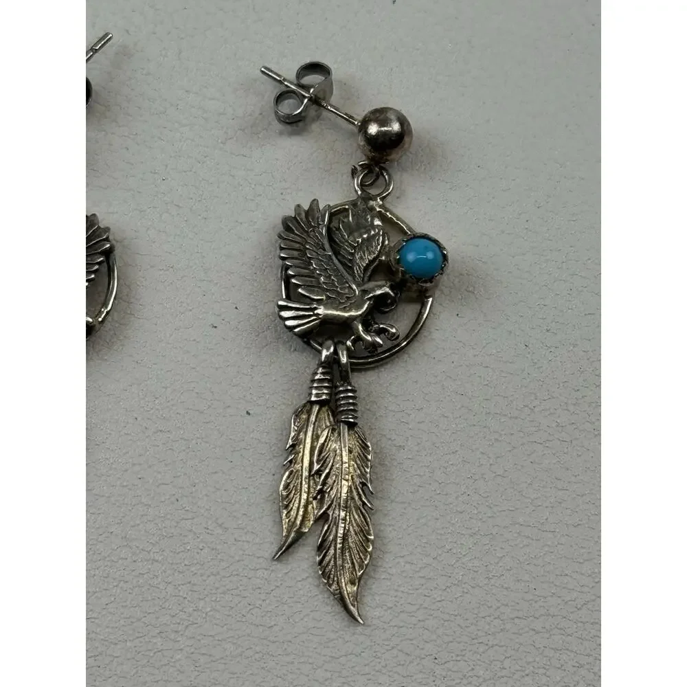 Southwest Style Sterling Silver Pierced Earrings Turquoise Feathers Eagle